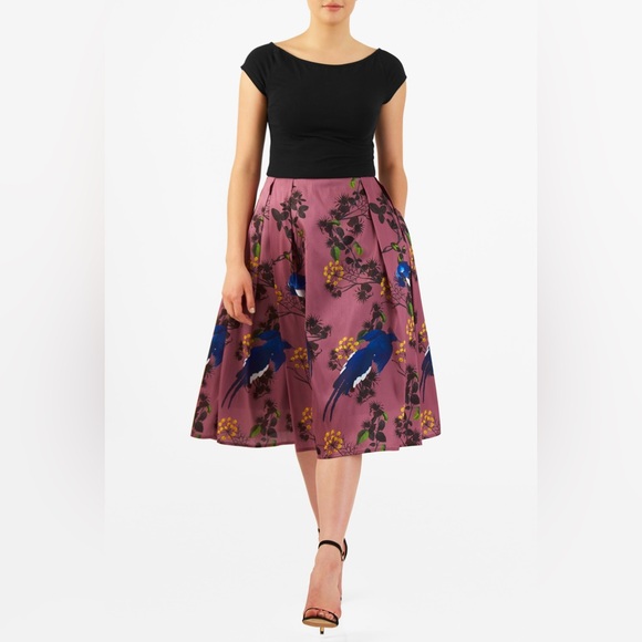 eShakti Tropical Bird & Floral Print Dupioni Midi Skirt Plum Multi Size S (4) - Picture 1 of 5